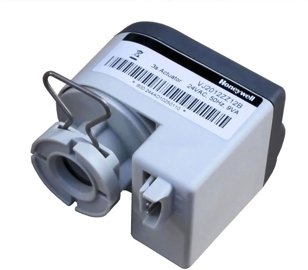 Honeywell-Antrieb für ein 3-Wege-Ventil, kompakte Bauform, mit Anschluss und Halterung, geeignet für die Steuerung von Heizungs- oder Kühlsystemen.